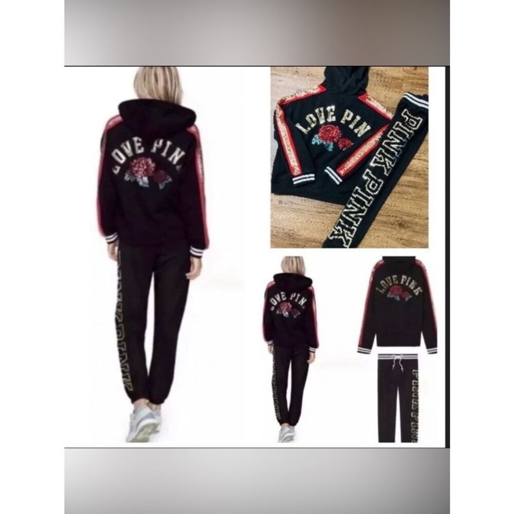 PINK Victoria's Secret Black Hoodie with Red Stripe & Floral Embroidery
